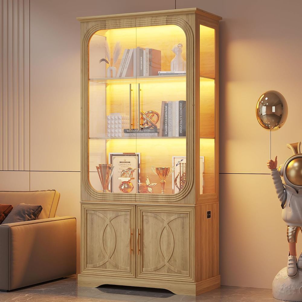 Glass Cabinet Display - 69 Oak 5-Tier LED-Lit Glass Display